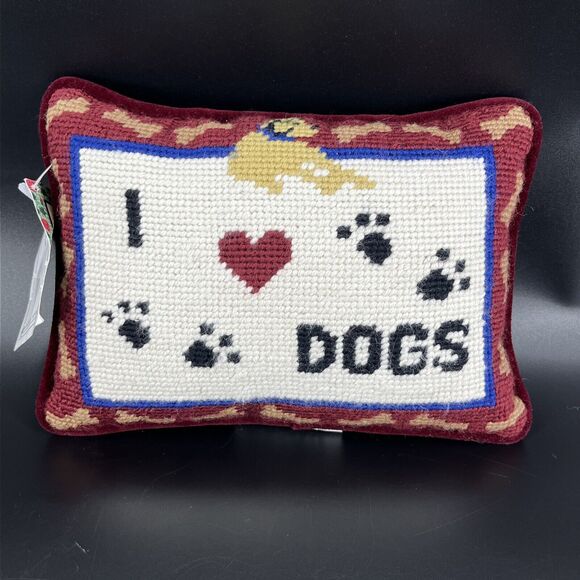 Needlepoint I Love Dog Spell Out Wool/Velvet Red Art Mini Pillow Decor - Picture 1 of 9